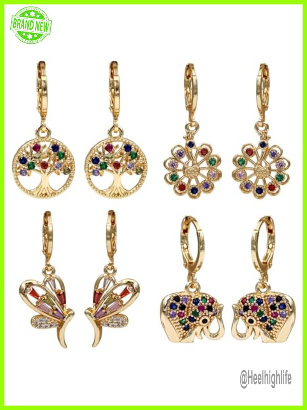 18K Gold Plated Dangle Earrings Cubic Zirconia Drop Set Hypoallergenic